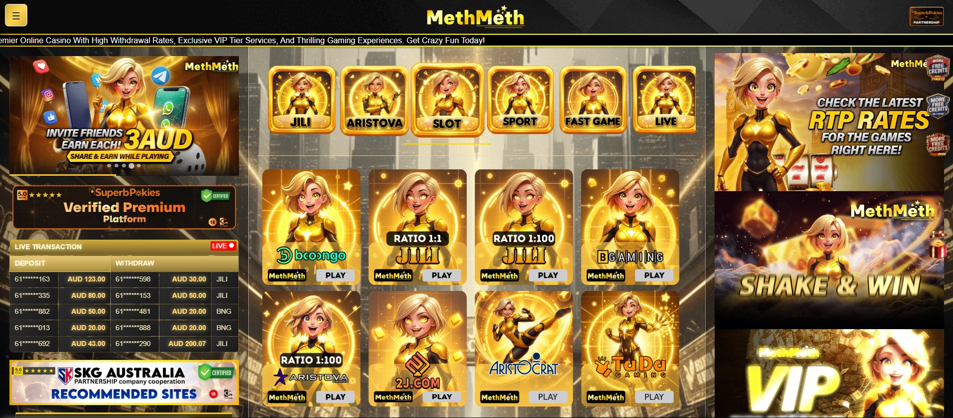 MethMeth Casino game lobby with game icons